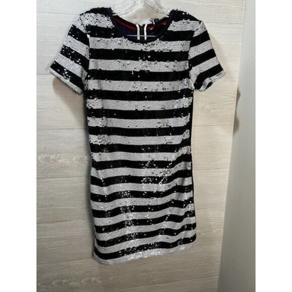 Hilfiger Denim Black & White Sequin Striped Short Sleeve Mini Dress With Back Zi - Picture 2 of 8